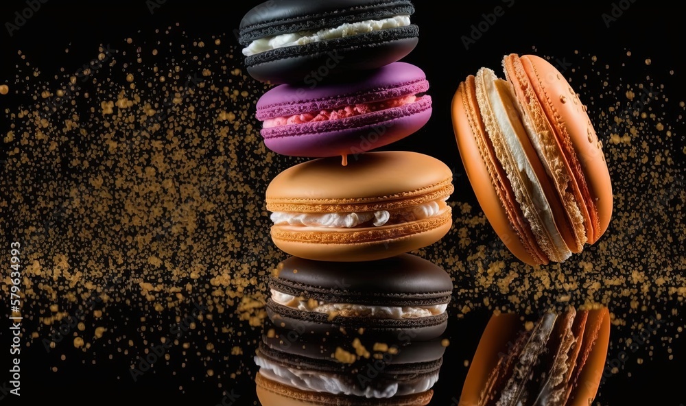  a stack of four macaroons sitting on top of each other on a table with gold flecks around them and 