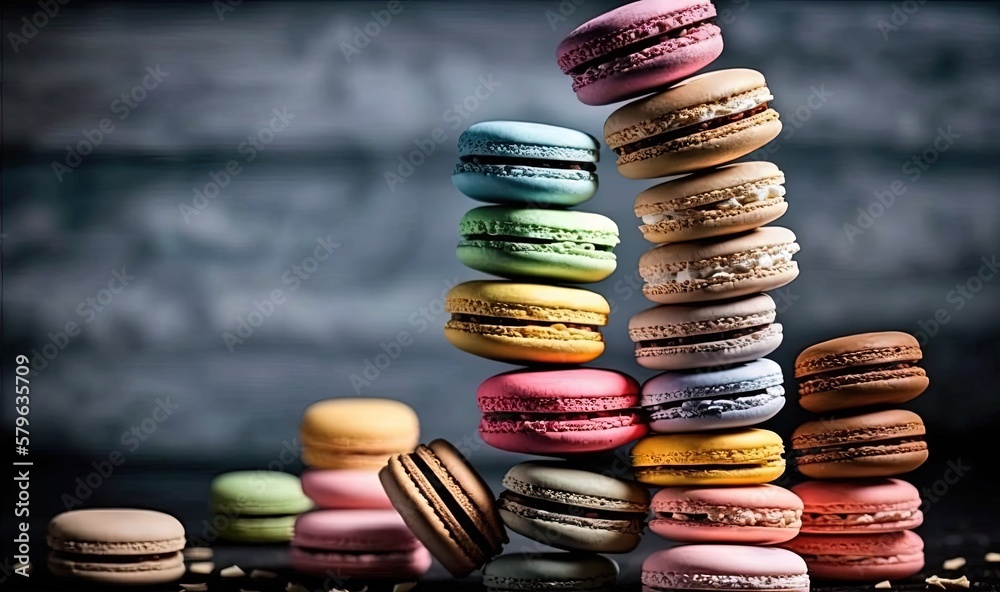  a stack of macaroons sitting next to each other on top of each other on a black tablecloth with a g