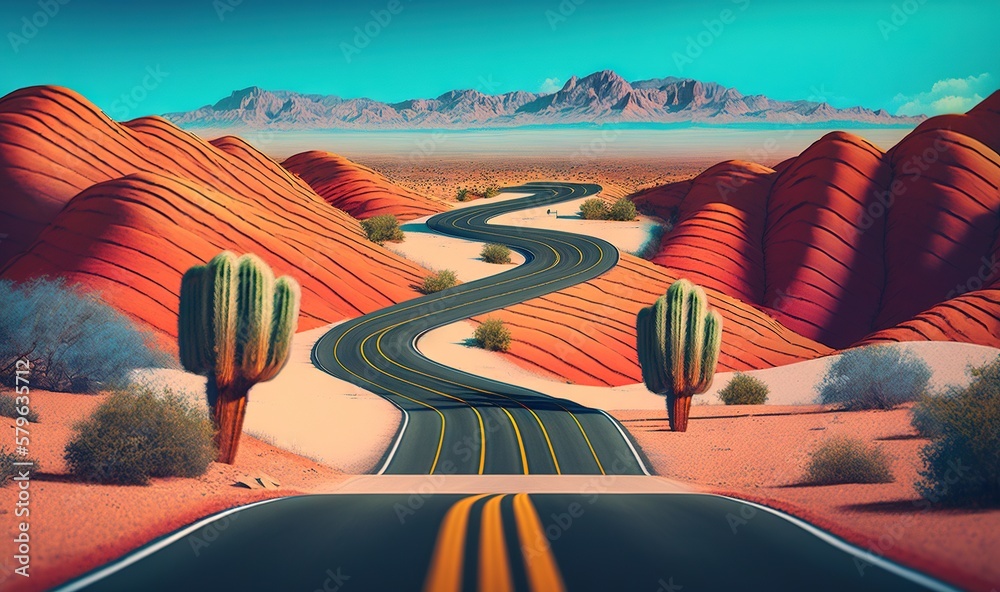  a painting of a road going through a desert with mountains in the background and cactus trees on ei