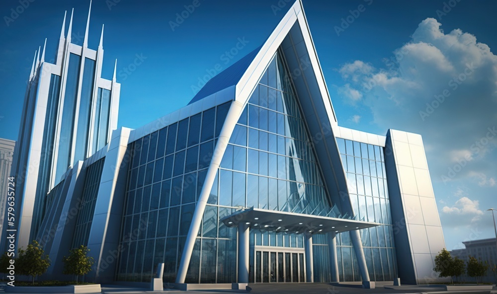  a very large building with a very tall building next to its entrance and a blue sky with clouds in