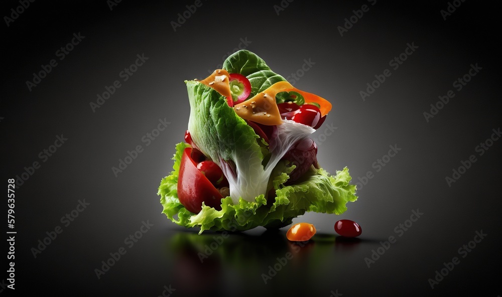  a salad with lettuce, tomatoes, peppers, and dressing on a black background with a black background