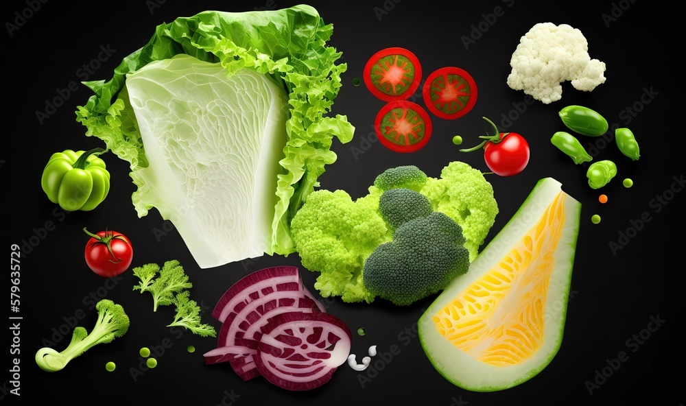  a variety of vegetables are laid out on a black surface, including broccoli, cauliflower, lettuce, 