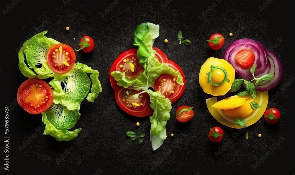  a group of different types of vegetables on a black surface with one cut in half and the other half