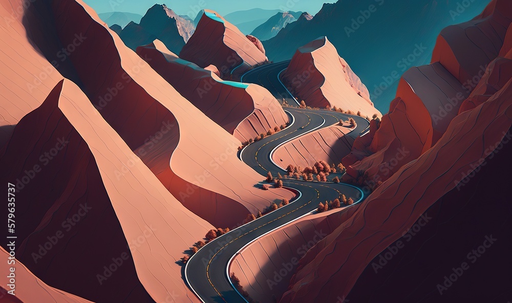  a digital painting of a winding road in the desert with mountains in the background and a blue sky 