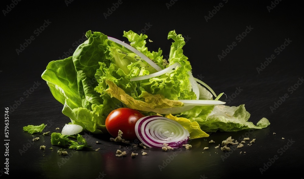  lettuce, onion, and tomato on a black surface with a black background with a black background and a