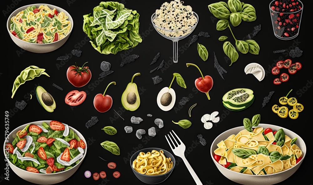  a black background with a variety of food items including pasta, tomatoes, avocado, spinach, spinac