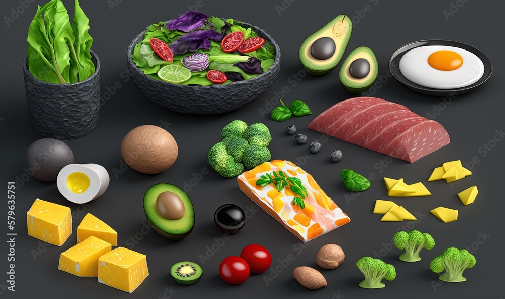  a bunch of food that is sitting on a black surface with eggs, broccoli, avocado, and other food ite