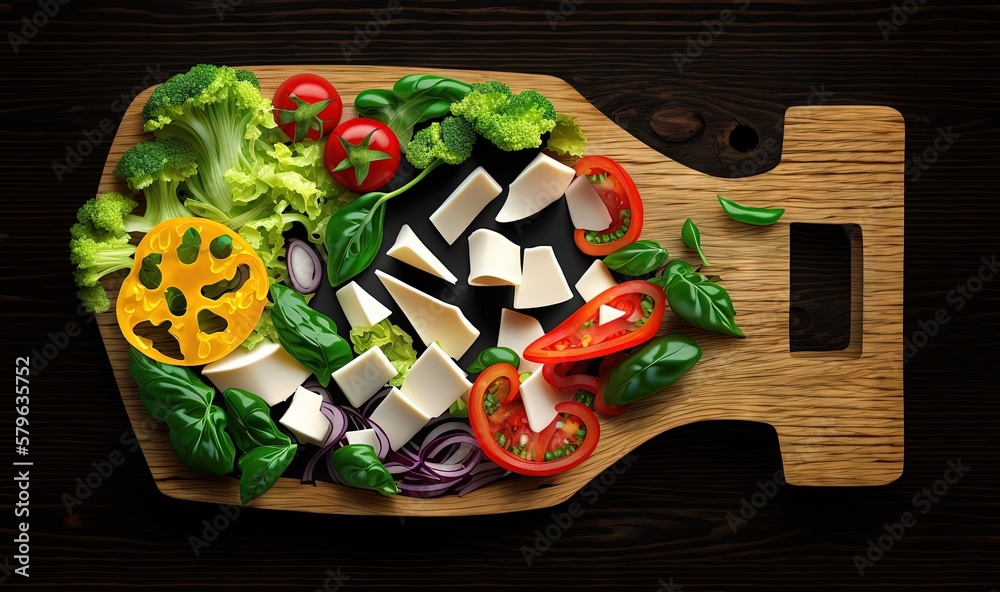  a wooden cutting board topped with lots of veggies on top of a wooden cutting board with cheese and