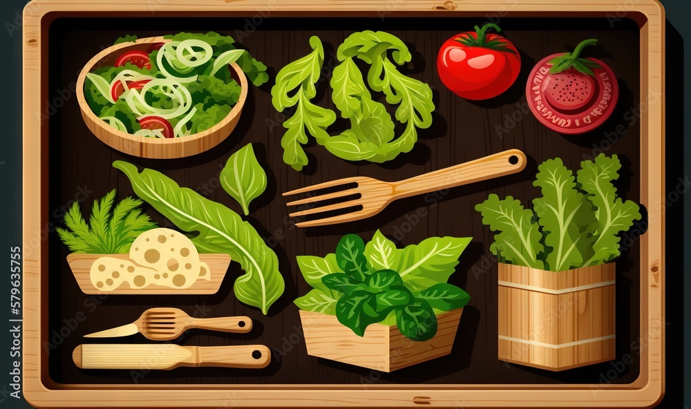  a wooden tray filled with lots of different types of vegetables and vegetables in wooden containers