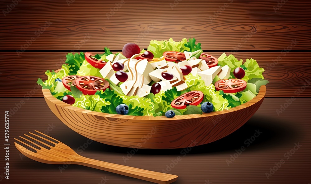  a wooden bowl filled with salad next to a wooden spoon and a wooden spoon on a table top with a woo