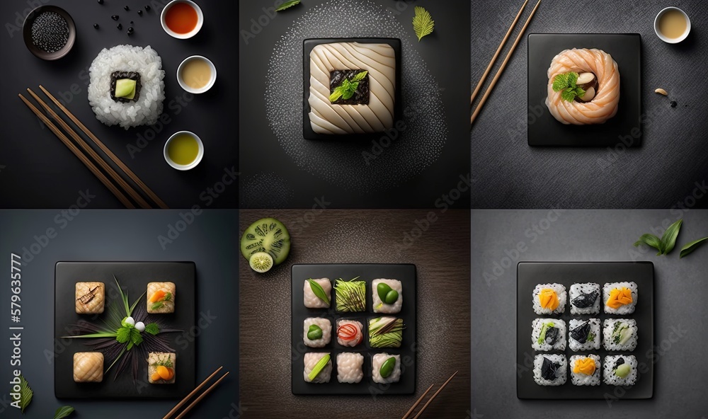  a series of photos of sushi and chopsticks on a black surface with chopsticks and sauces on the sid