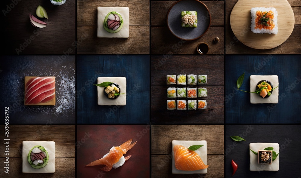  a collage of different sushi dishes on a wooden table with chopsticks and chopsticks in each of the