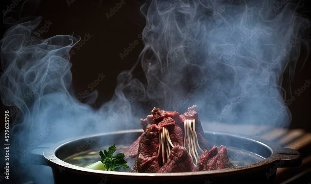  a pot of food with smoke coming out of the top and meat in the middle of the pot with a fork sticki