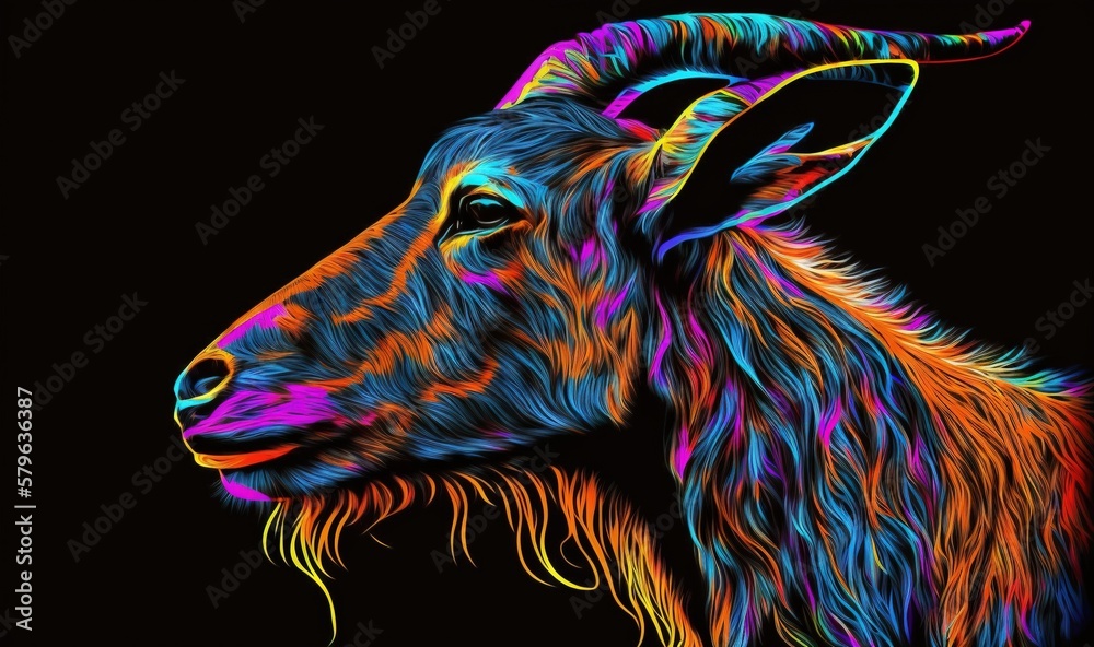  a colorful goat with long horns on a black background with a black background and a black backgroun