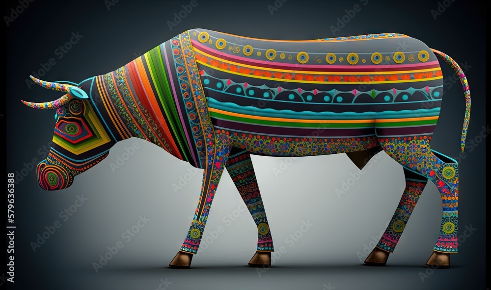  a colorful bull is standing on a gray background with a black background and a black background beh