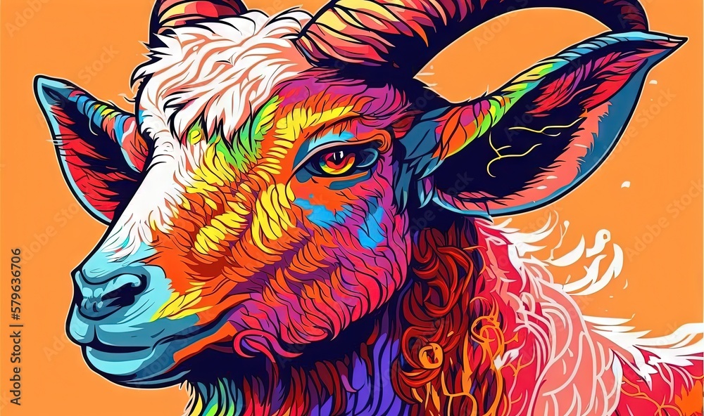  a painting of a ram with a colorful pattern on its face and horns, on an orange background, with t