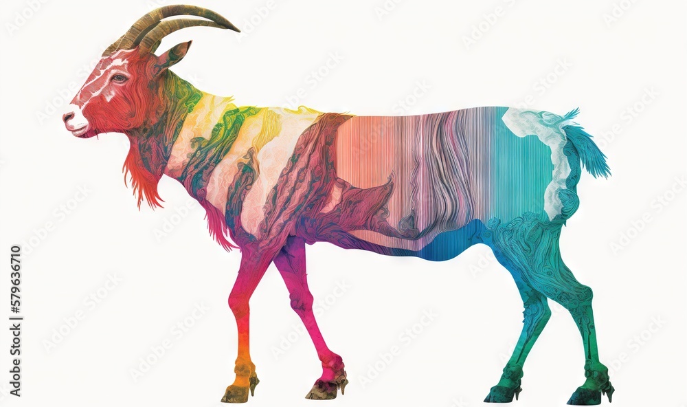  a colorful goat standing in front of a white background with a multicolored pattern on its body an