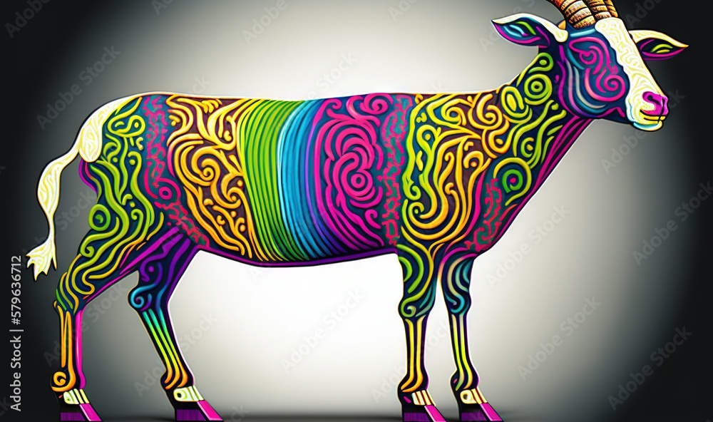  a colorful cow with a long horn standing on a black background with a pattern on its body and a sp