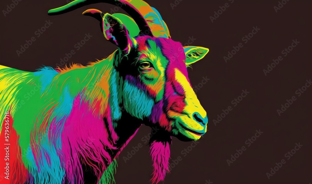  a colorful goat with long horns on a black background with a red background and a green, yellow, pi