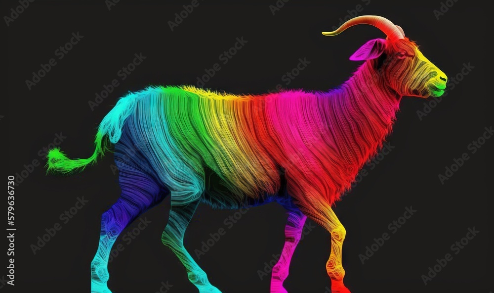  a rainbow colored goat standing on a black background with a black background and a black backgroun