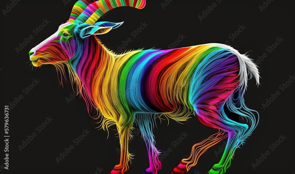  a rainbow colored goat standing on a black background with a black background and a black backgroun