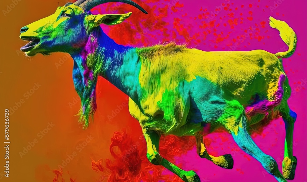  a colorful goat is running in the air with its mouth open and its tongue out and its tongue out, 