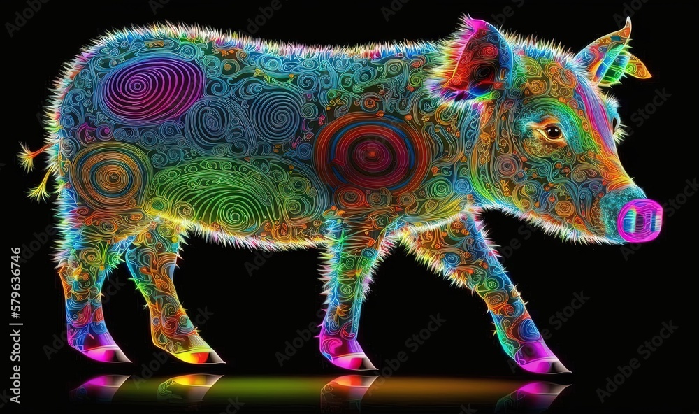  a multicolored cow standing on a black background with a black background and a black background wi