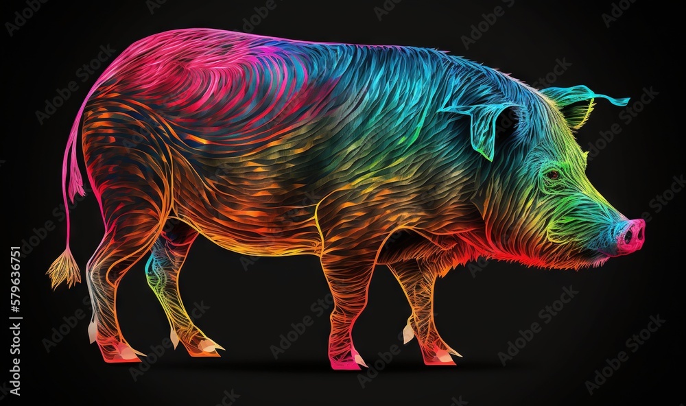  a rainbow colored cow standing on a black background.  generative ai