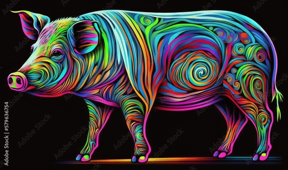  a colorful pig is standing on a black background with a black background and a black background wit