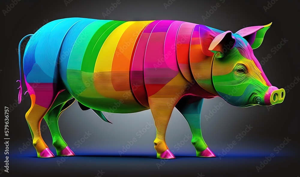  a multicolored cow is standing on a black background with a black background and a black background