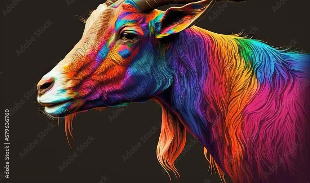  a colorful goat with long horns on a black background with a black background and a black backgroun