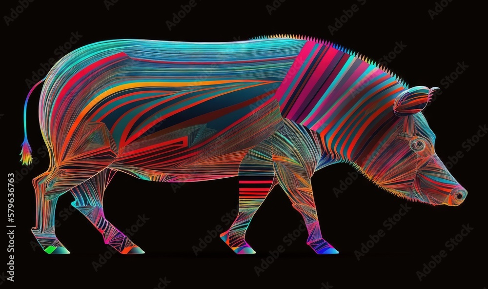  a multicolored cow is walking on a black background with a black background.  generative ai