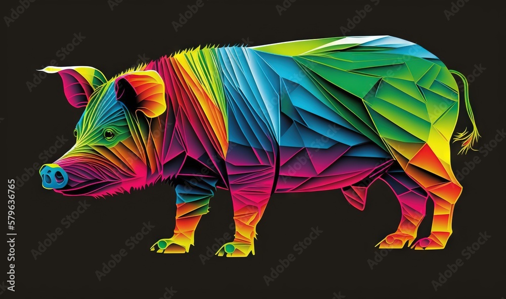  a colorful pig is standing on a black background with a black background and a black background wit