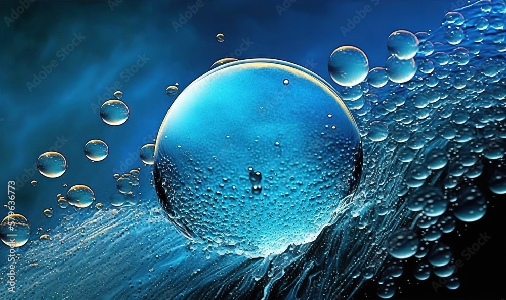  a large blue ball of water with bubbles on the surface of the water and a black background with a b