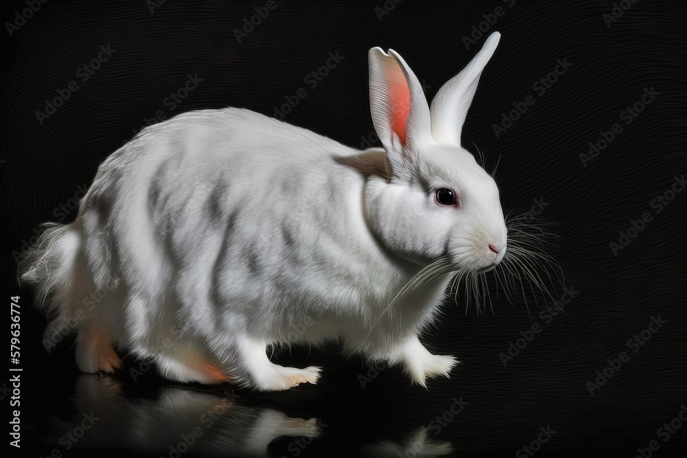  a white rabbit with long ears and a white body on a black background with a reflection of its head 