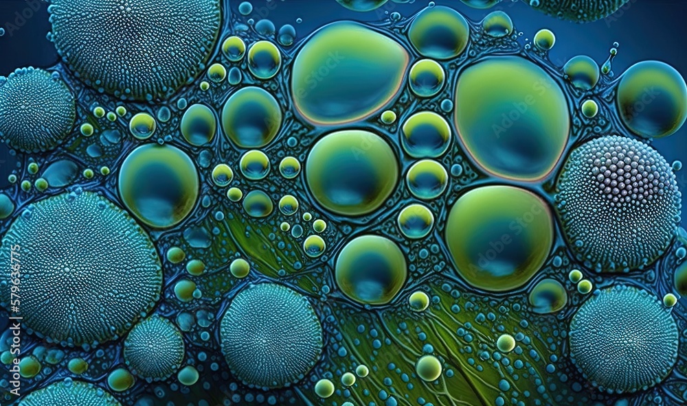  a blue and green background with bubbles of water and a green plant stem in the center of the image