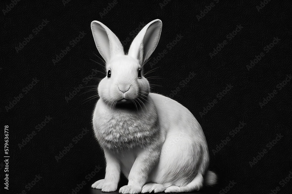  a white rabbit sitting on top of a black table next to a black wall and a black background with a w