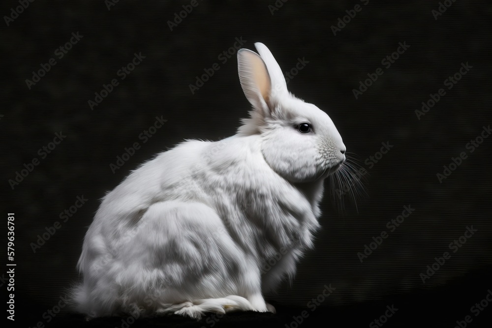  a white rabbit sitting on top of a black floor next to a black wall and a black background with a w