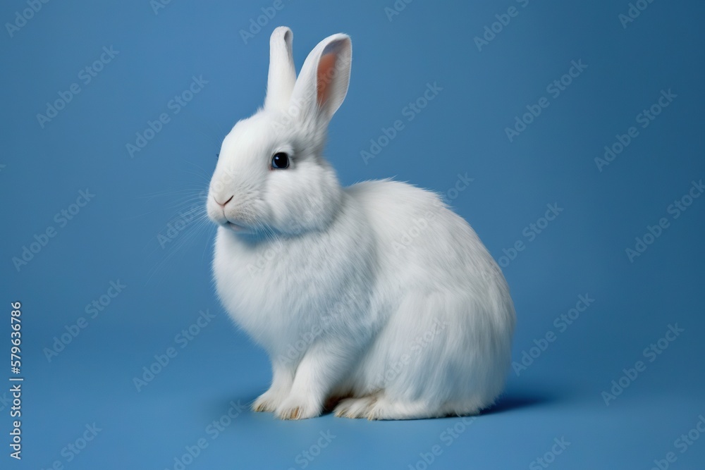  a white rabbit sitting on top of a blue background with a blue background and a white rabbit sittin