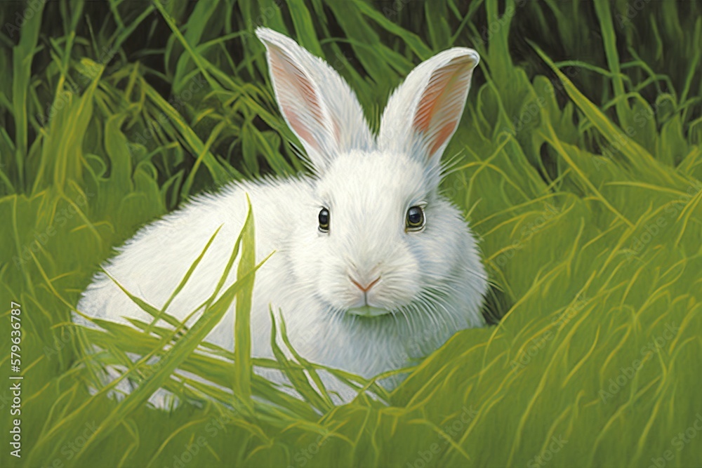  a painting of a white rabbit sitting in the grass with its eyes open and ears wide open, looking ou