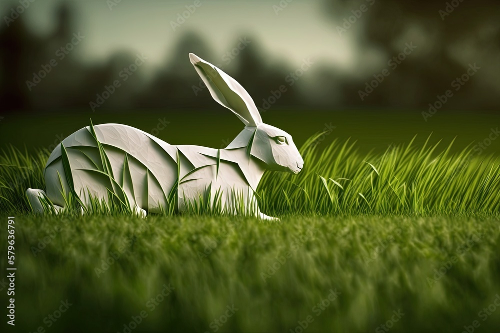  a white rabbit sitting in the grass with its ears folded back to look like its been cut out of a b