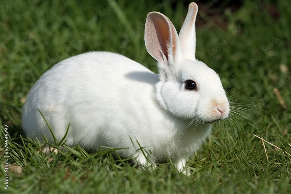  a white rabbit sitting in the grass looking at the camera with a curious look on its face and ears,