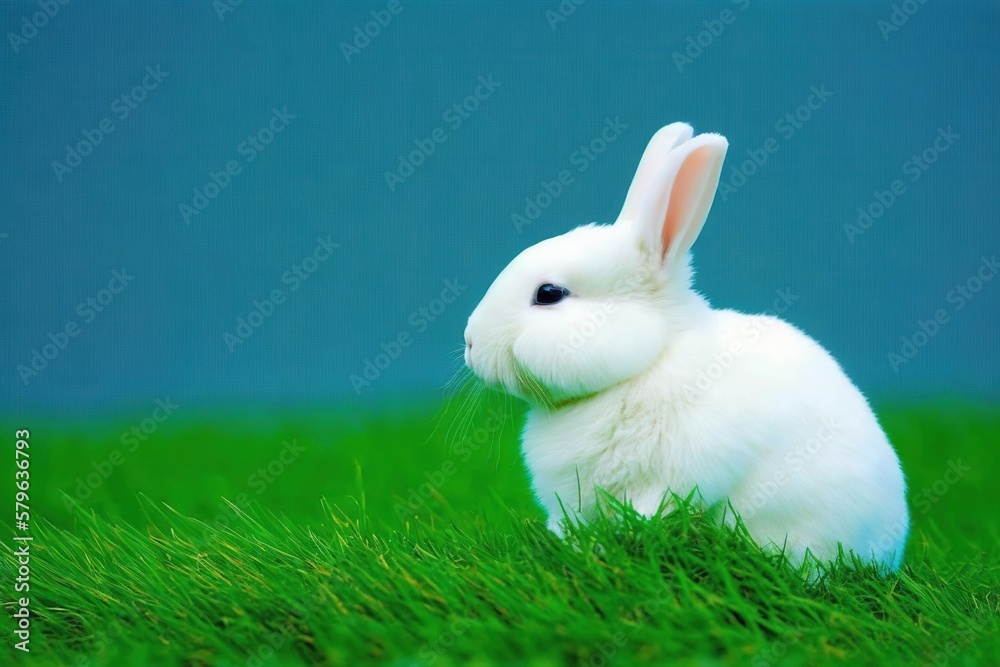  a white rabbit sitting in a field of green grass with a blue back ground behind it and a blue back 