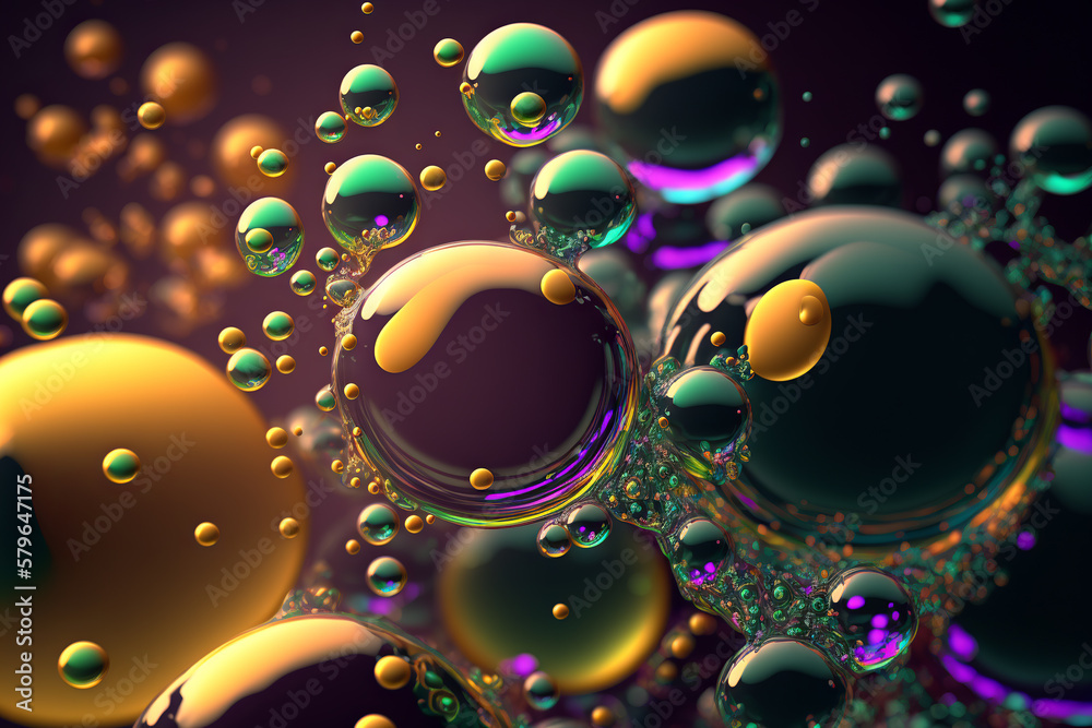 Bubbles background with psychedelic colors. Surreal wallpaper with curvy organics circle shapes. Gen