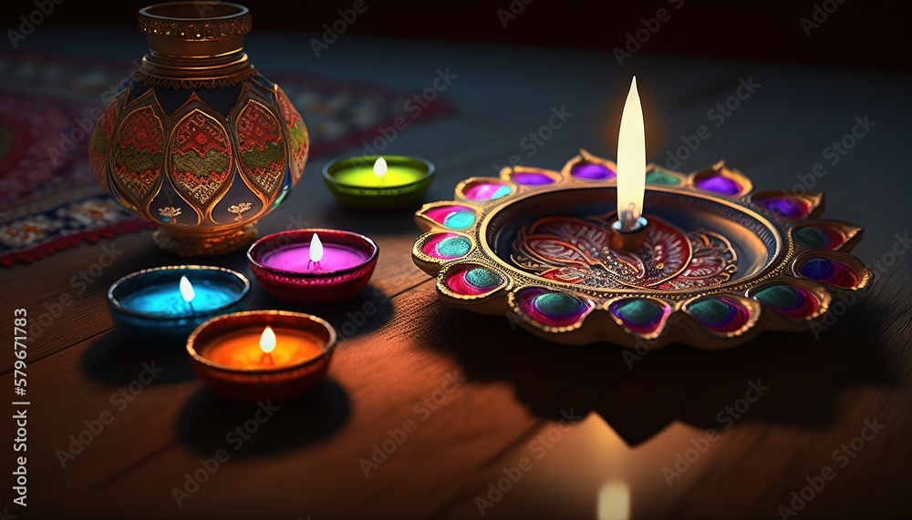 Diya lit lamps on rangoli. Diwali celebration concept. Generative AI