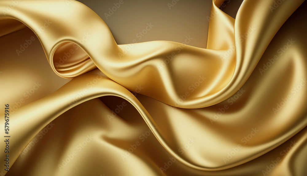 Elegant smooth golden silk. Warped silk cloth. Generative AI