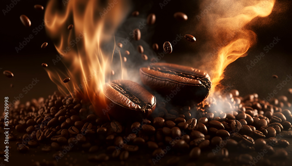 Roasted coffee beans. Brown smoke of coffee aroma. Generative AI