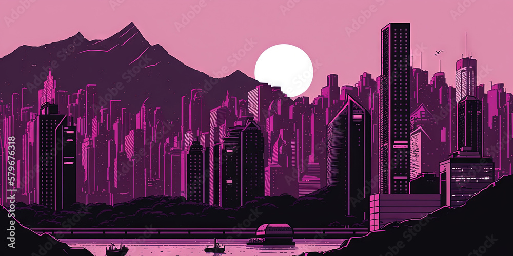 Panoramic cityscape in cyberpunk futuristic style. Towering skyscrapers in neon retrowave colors. Ge