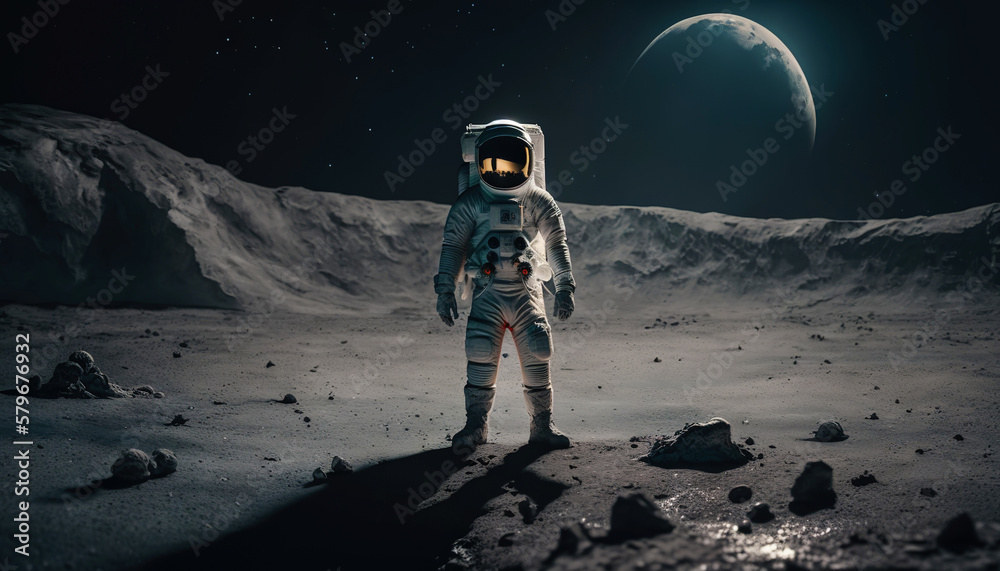 Astronaut standing on a soil of alien rocky planet. Generative AI.