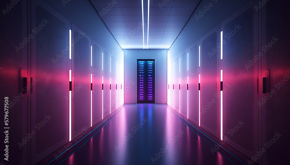 Data center with rows of servers. Big data storage room with many blinking lights. Generative AI